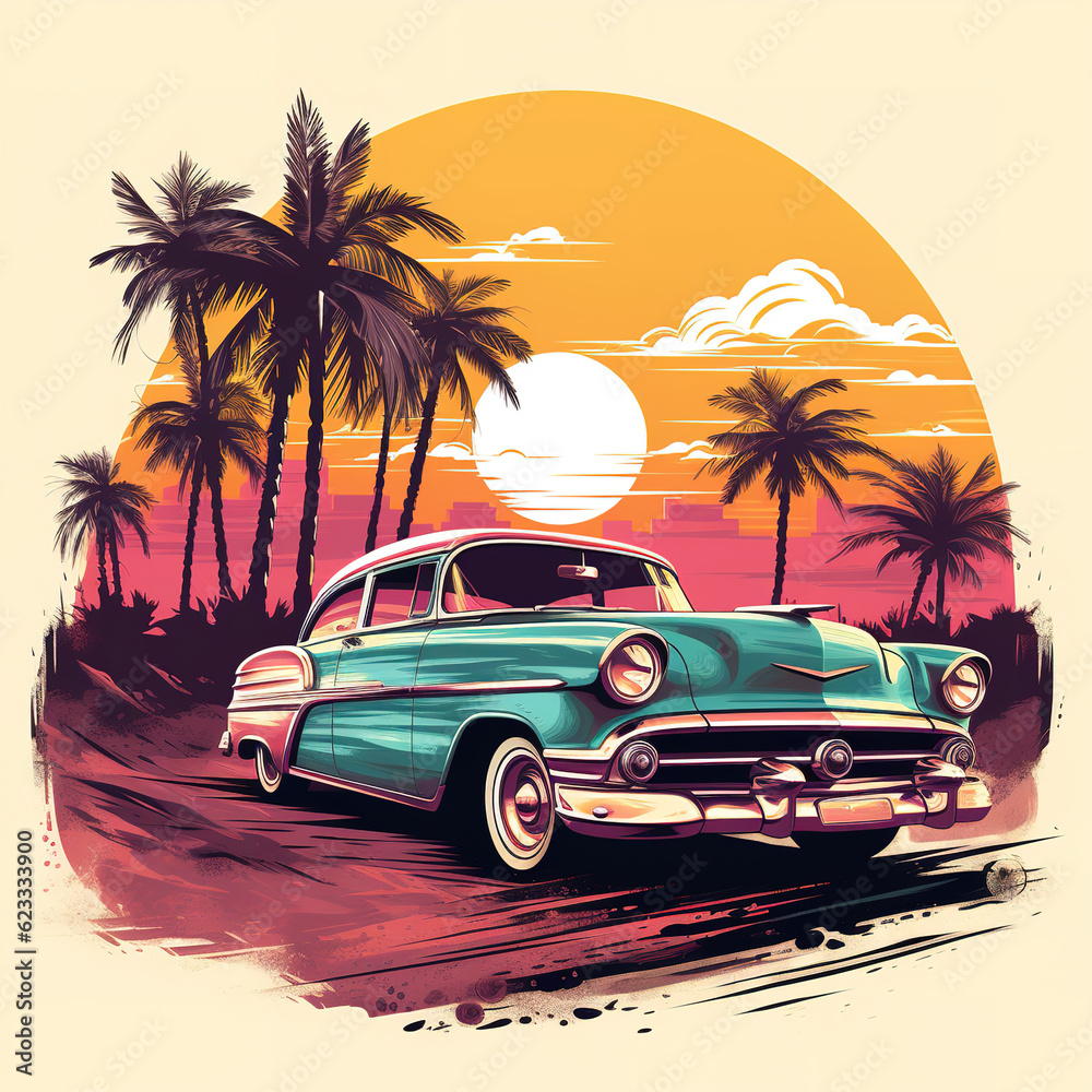Vintage american car on sunset background. Vector illustration for your design created with generative AI technology.