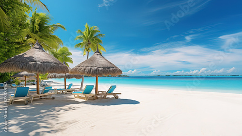 Beautiful tropical beach with coconut palm trees  beach chairs  umbrella and blue sky created with generative AI technology.