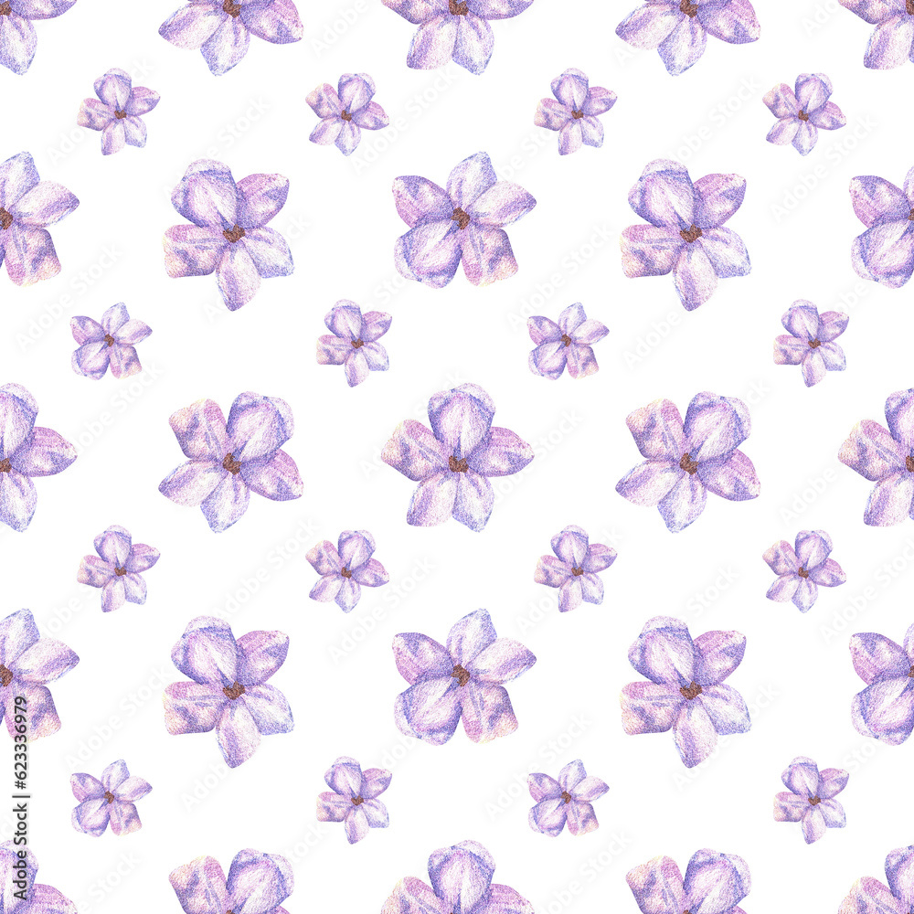 Seamless pattern with small purple flowers. Watercolor botanical illustration. Ditsy ornament. Hand drawn lavender, lilac on a white background. For wrapping paper, fabrics, textile, clothing