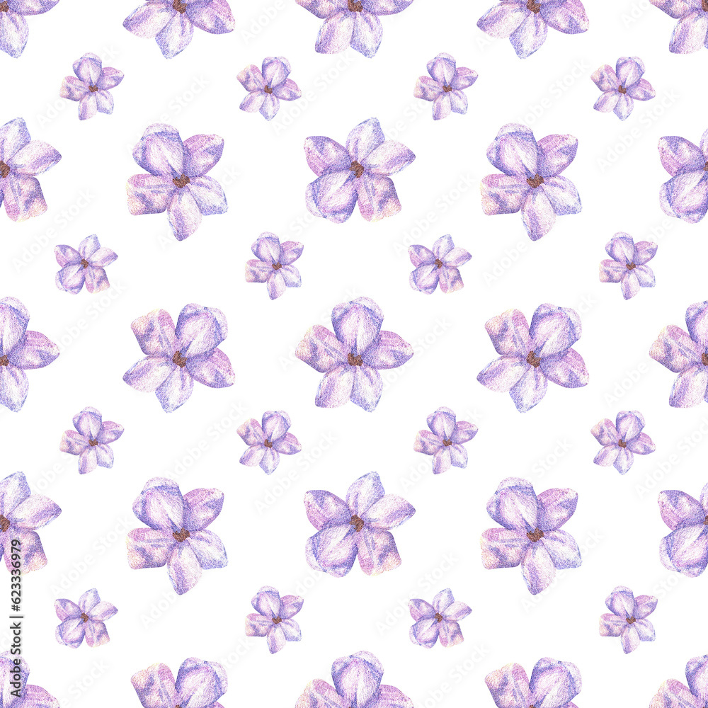 Fototapeta premium Seamless pattern with small purple flowers. Watercolor botanical illustration. Ditsy ornament. Hand drawn lavender, lilac on a white background. For wrapping paper, fabrics, textile, clothing