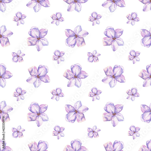 Seamless pattern with small purple flowers. Watercolor botanical illustration. Ditsy ornament. Hand drawn lavender, lilac on a white background. For wrapping paper, fabrics, textile, clothing