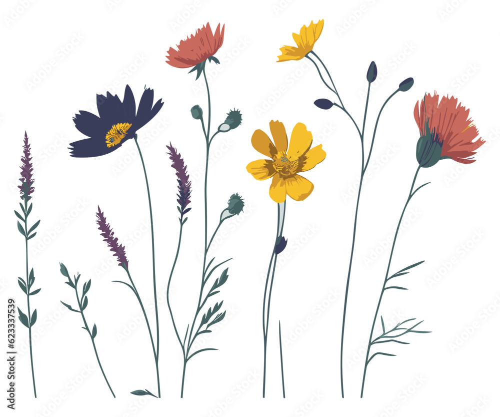 Wild flowers Beautiful meadow plants, isolated colorful floral elements and spring summer medicinal botany, natural , poppy and clover, Others type cornflower vector art set
