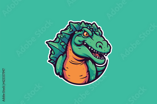 Cute dinosaur head mascot logo design vector illustration on green background.