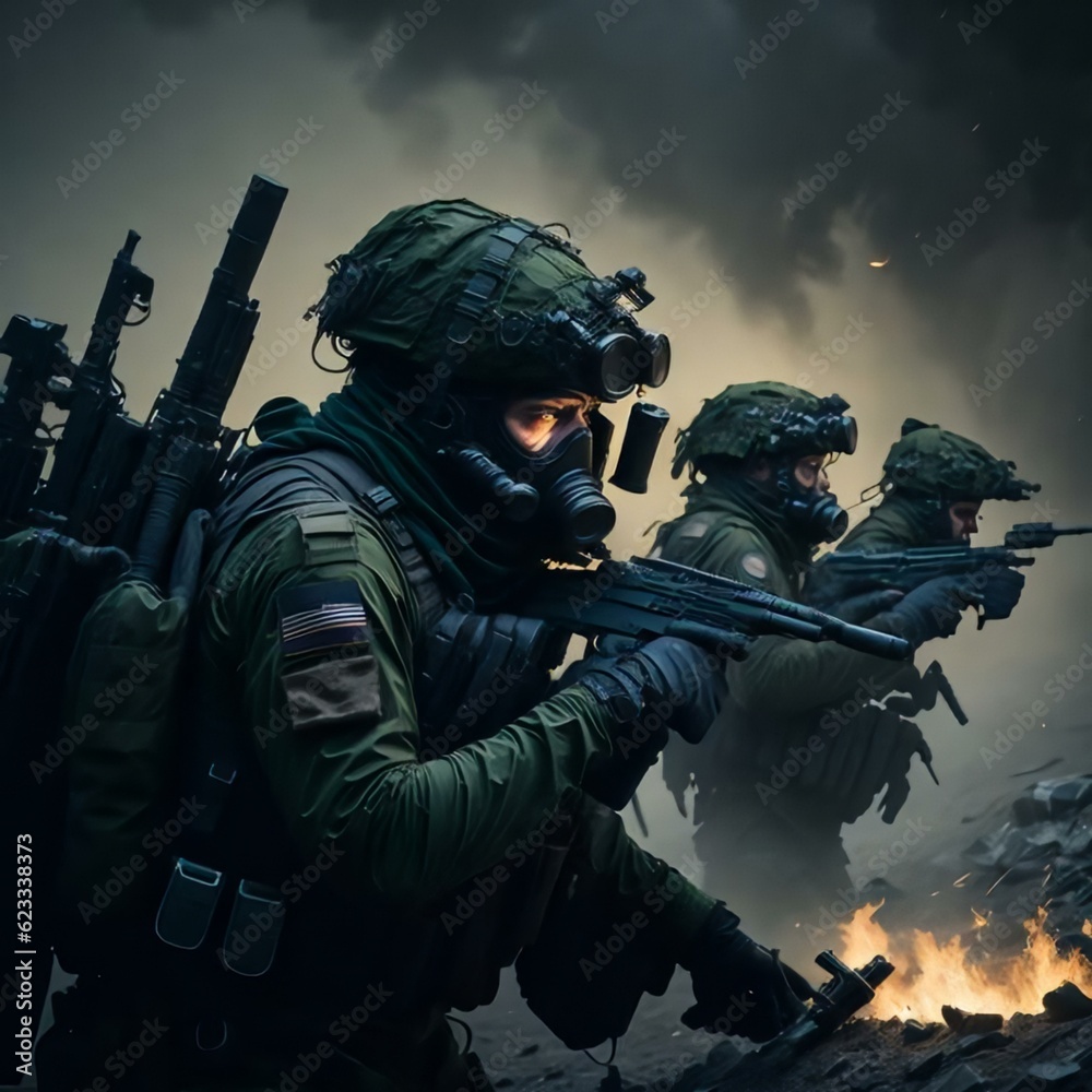 soldiers with gas mask firing to enemy with their modern weapon