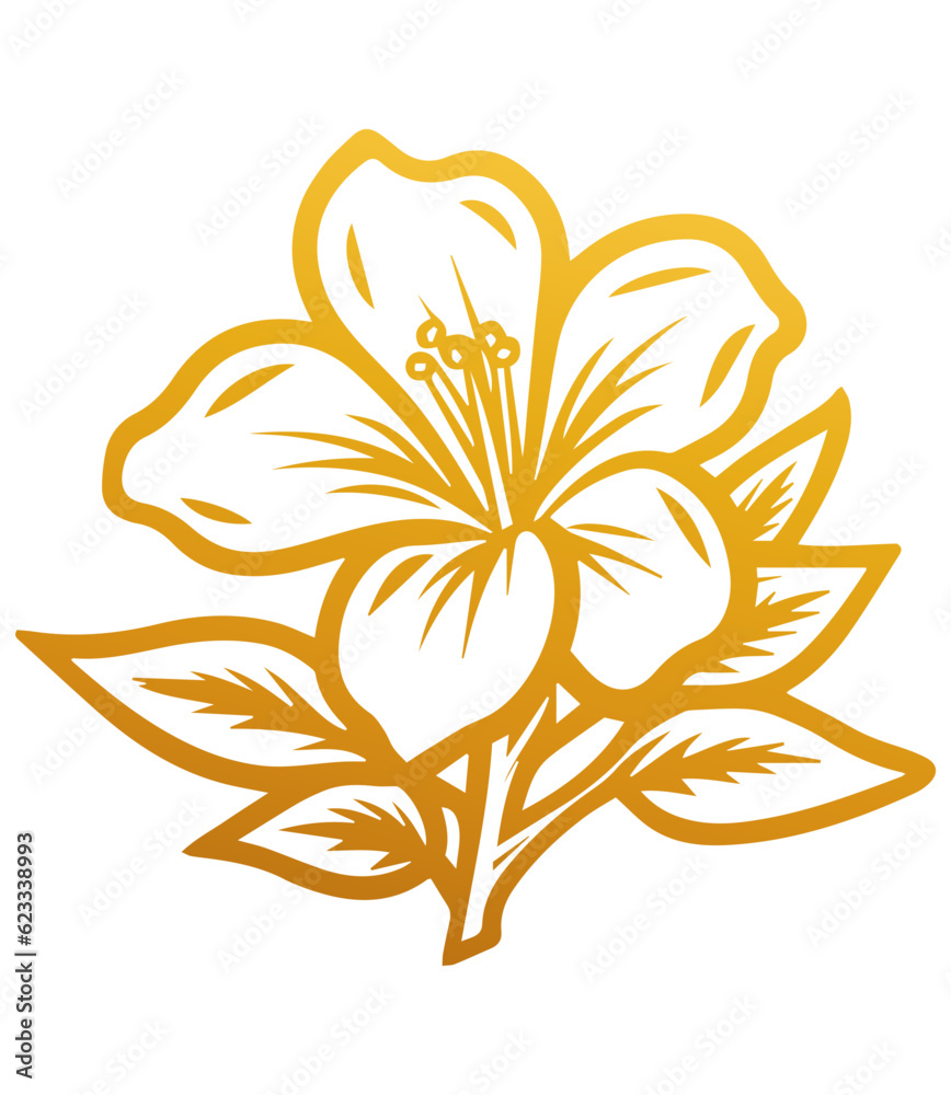 Hand drawn azalea flower . Sketch of azalea flower with leaves and stem . golden vintage etching vector botanical isolated on transparent. Illustration of botany floral plant, PNG and SVG