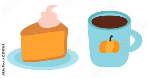Cute tea time with pumpkin pie. Hot cup of tea or coffee. Cozy autumn home. Flat vector illustration.
