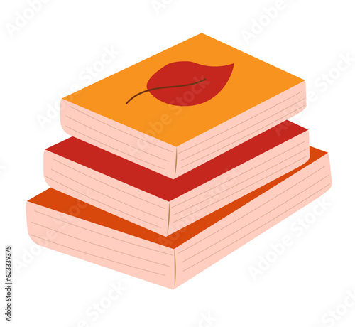 Stack of books with autumn leaf on white background. Autumn reading. Cozy fall. Vector flat illustration.