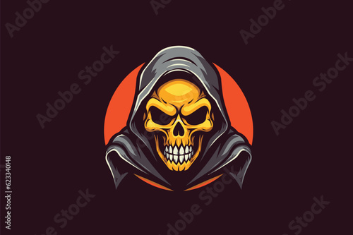 Skull in the hood. Vector illustration on a dark background.