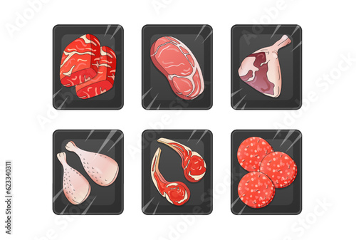 Sketch set of fresh uncooked meat products packed in dark plastic trays. Raw beef steak, pork, turkey, lamb.