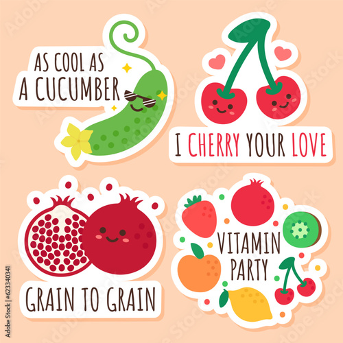 Funny vegetables and fruits characters with phrases. Set of isolated stickers with cool cucumber, cherry, pomegranate.