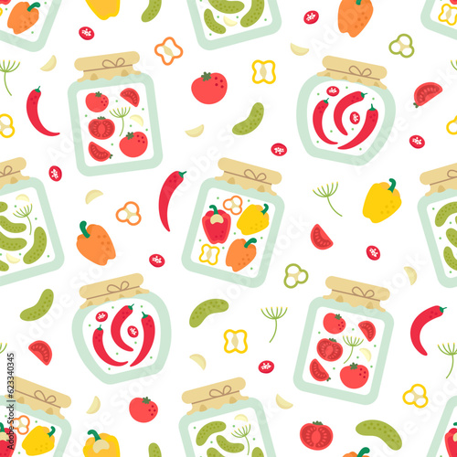 Pickled vegetables closed in glass jar homemade seamless pattern on white background.