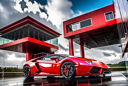 red Lamborghini in rainny road.
Generative AI photo