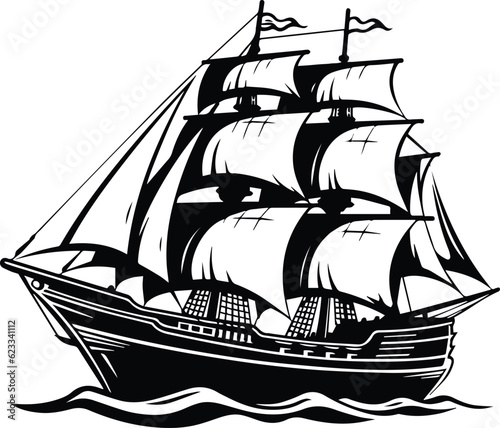 Fotografiet Pirate Ship Logo Monochrome Design Style