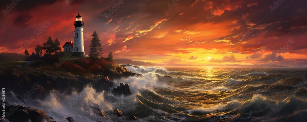 Autumn lighthouse in the sunset and rain Generative AI Autumn lighthouse in the sunset and rain Generative AI