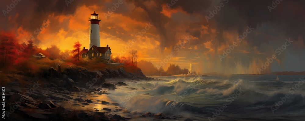 Fototapeta premium Autumn lighthouse in the sunset and rain Generative AI