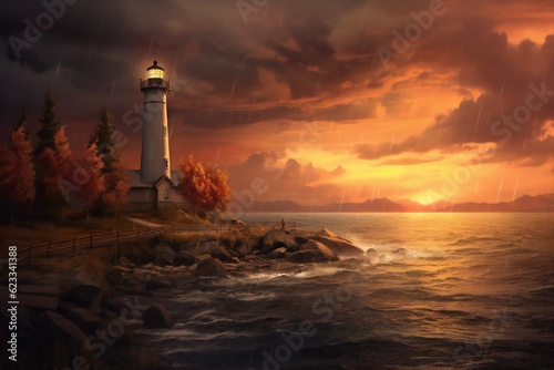 Autumn lighthouse in the sunset and rain Generative AI