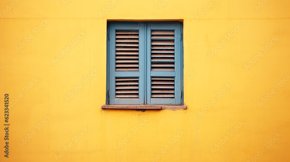 Blue window on yellow wall.
Modified generative AI image.
