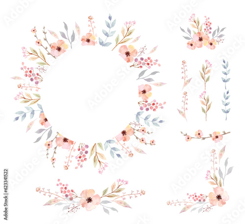 Floral Frame Collection. Set of cute retro flowers arranged un a shape of the wreath for invitations and birthday cards