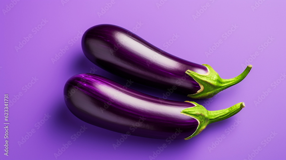 Eggplants on purple background, top view.
Modified generative AI image.
Modified generative AI image.