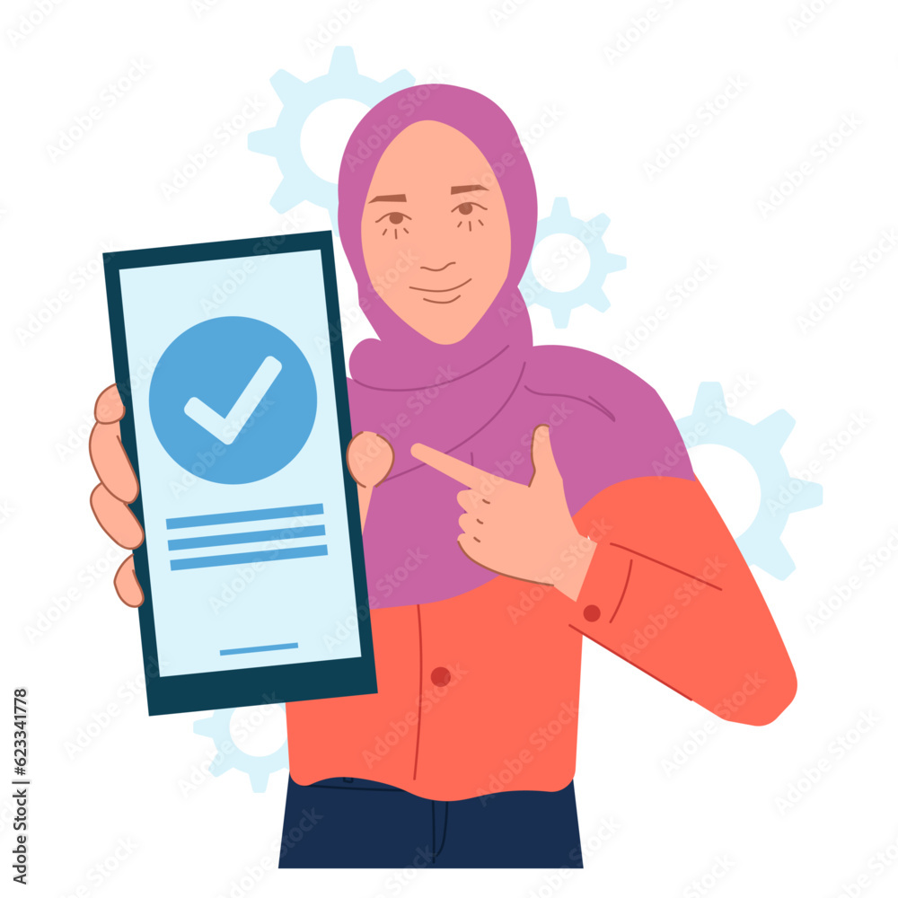 hijab woman showing phone check approval in flat illustration