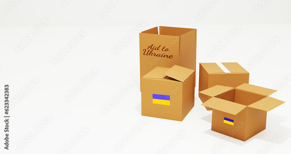 Aid to Ukraine Concept background with cardboard boxes and flag printed on them along with free space Aid to Ukraine Concept background with cardboard boxes and flag printed on them along with free space