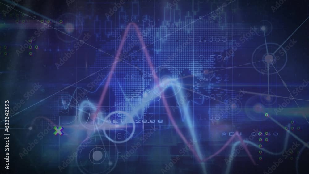 Animation of network of connections and data processing over dark background Animation of network of connections and data processing over dark background