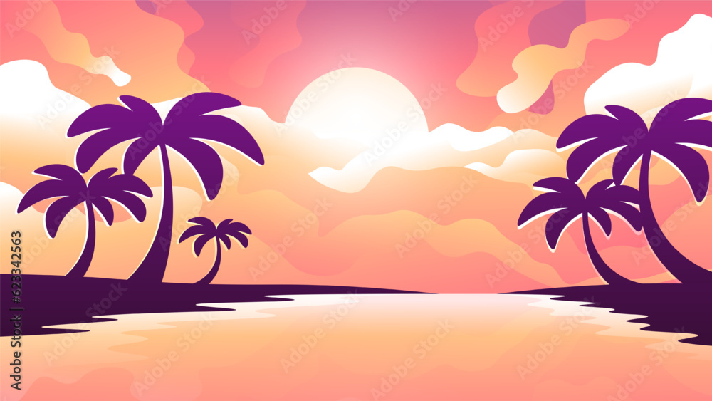 Beautiful orange sunset near the tropical shore with palm trees.