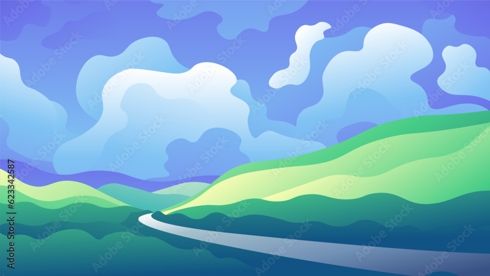 Fototapeta premium Winding road through green high hills. Spring daytime bright illustration.
