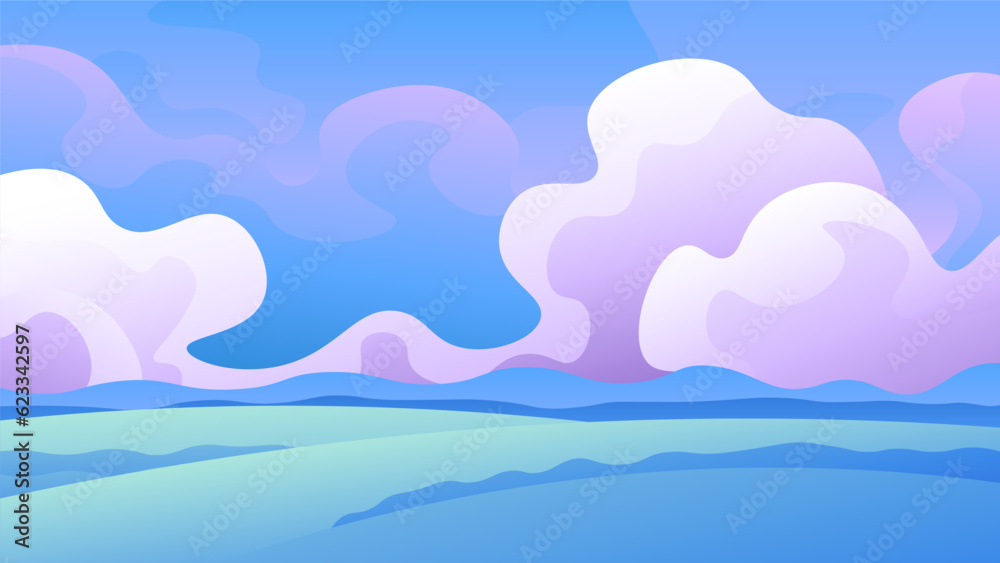 Soft pink fluffy clouds over a green field. Spring landscape.