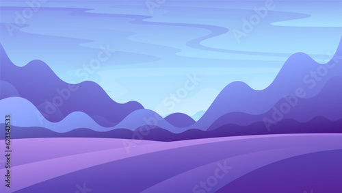 Abstract cartoon evening landscape. Purple fields on gradient wavy mountains background.