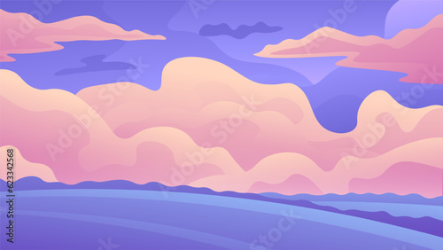Soft fluffy peach color clouds on a purple sky. Gentle horizontal illustration of a cloudy sky and fields.