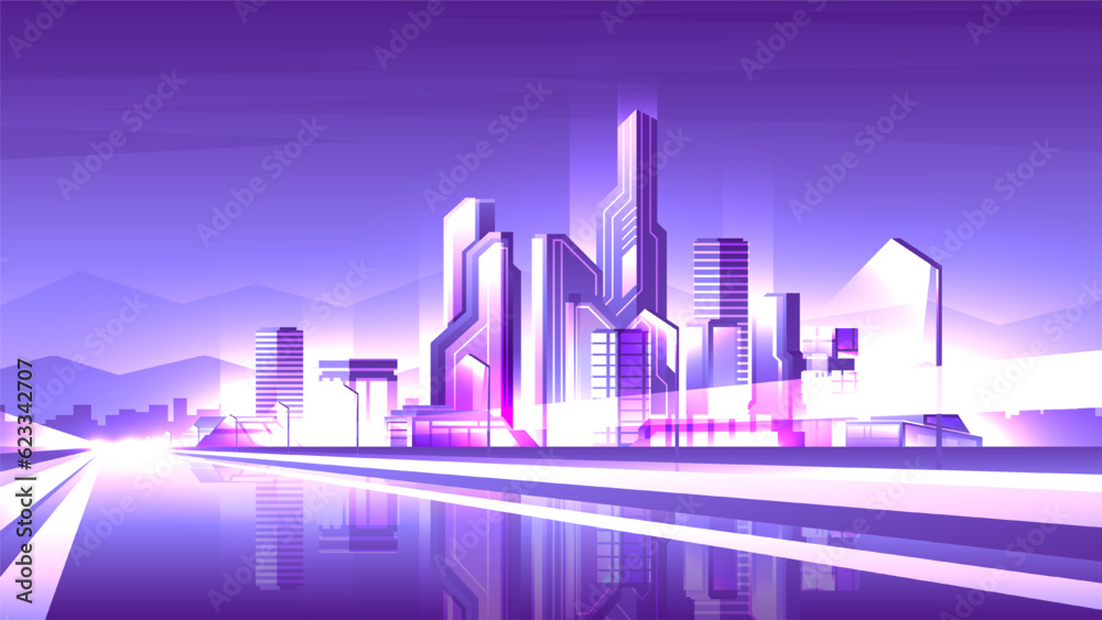 Modern synthwave neon night skyscraper in the city illustration.
