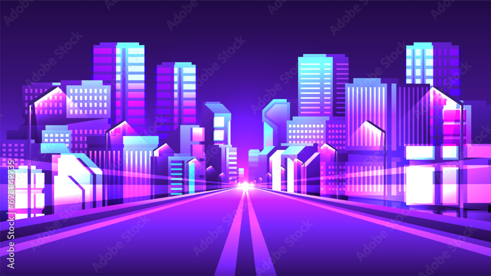 Straight road through the city at night with office skyscrapers synthwave style.