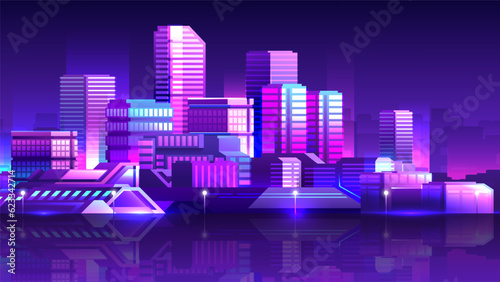 Neon pink night landscape. Futuristic cyberpunk metropolis with modern buildings.