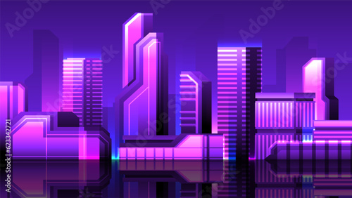 Shiny pink neon skyscraper. Cyberpunk abstract buildings.