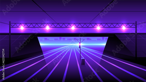 Night view of the railway track with a bridge and a semaphore in neon colors.