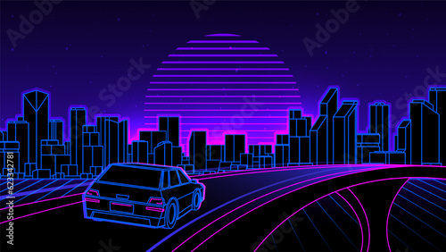 Laser line art car back view rides oon the bridge on the evening city background.