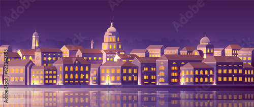 Evening shining Venice horizontal landscape. Street near square and canal with lanterns on cathedral background.