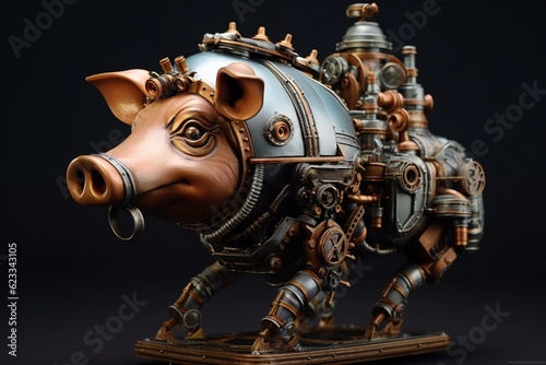 Crazy steampunk pig on dark background Generative AI © LayerAce.com