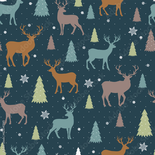 Colorful pattern different reindeer animal silhouette seamless background. Print with deers, trees and snowflakes