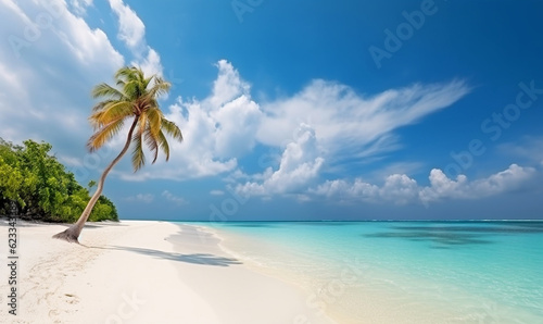 fotogene Palme am türkisblauen Meer mit weißen Sandstrand