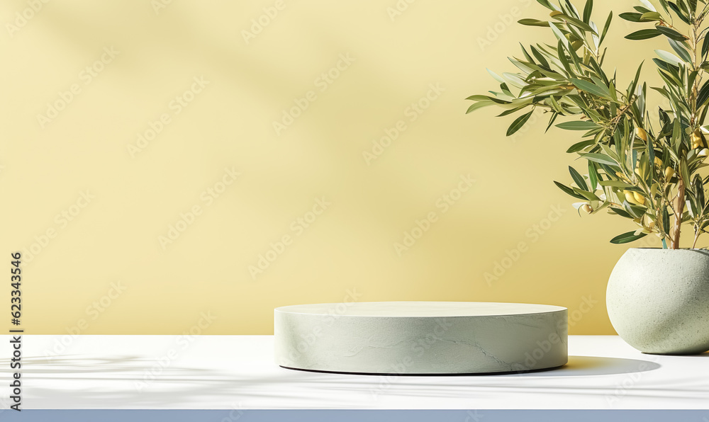 podiums rock stone or product platform with olive branch leaves.natural ingredient background.generative ai images podiums rock stone or product platform with olive branch leaves.natural ingredient background.generative ai images