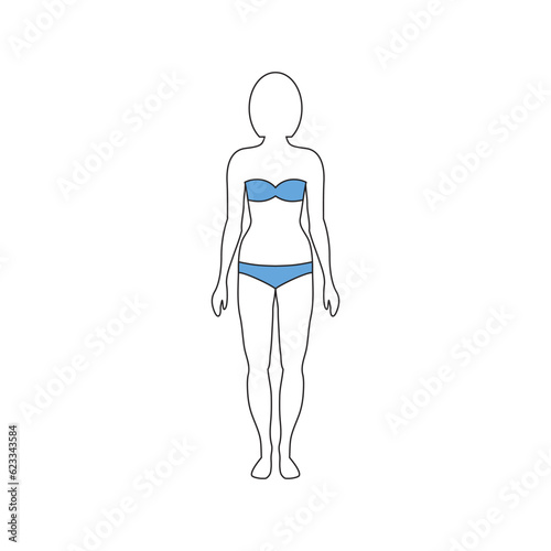 Standing adult slender woman in open blue swimsuit