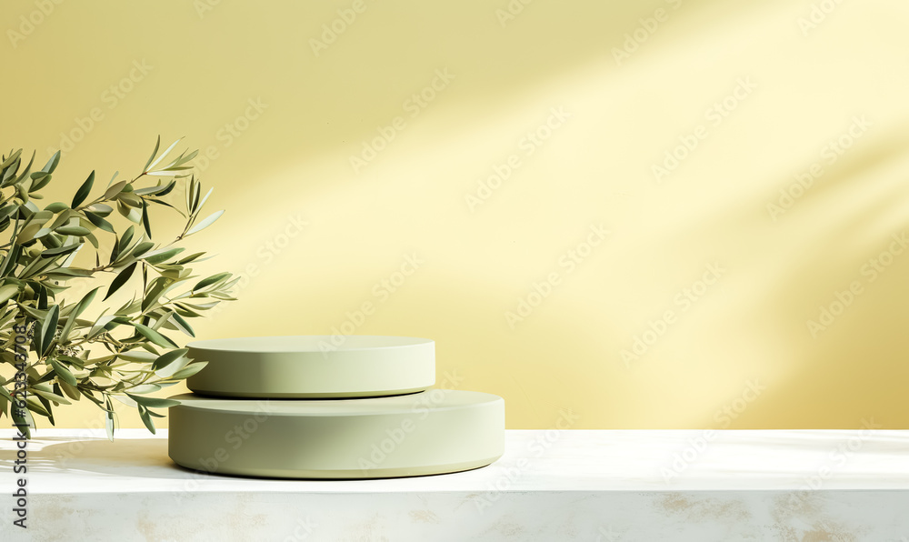 podiums rock stone or product platform with olive branch leaves.natural ingredient background.generative ai images podiums rock stone or product platform with olive branch leaves.natural ingredient background.generative ai images