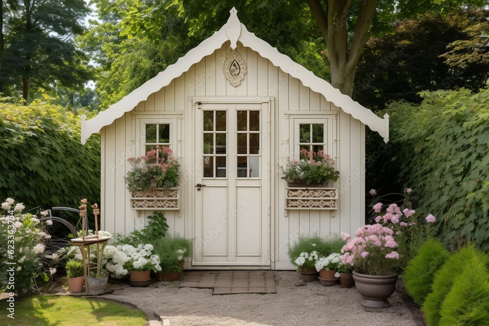 Patio garden shed with flowers. Generate Ai Patio garden shed with flowers. Generate Ai