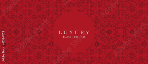 Red design with pattern and flowers, round isolated frame