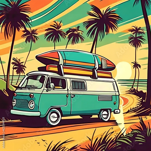illustration of a van with surfboard, summer road trip, Ai Generative © amnat