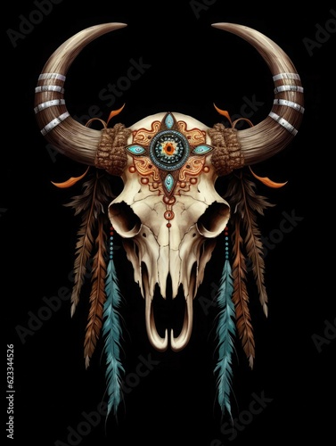 Bull skull with feathers native Americans tribal style. Digital art. Generative AI.