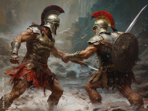 Obraz na płótnie Fight of two Roman soldiers. Digital art. Generative AI.