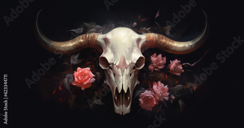 Skull of a bull and a rose. on black background. Digital art. Generative AI.